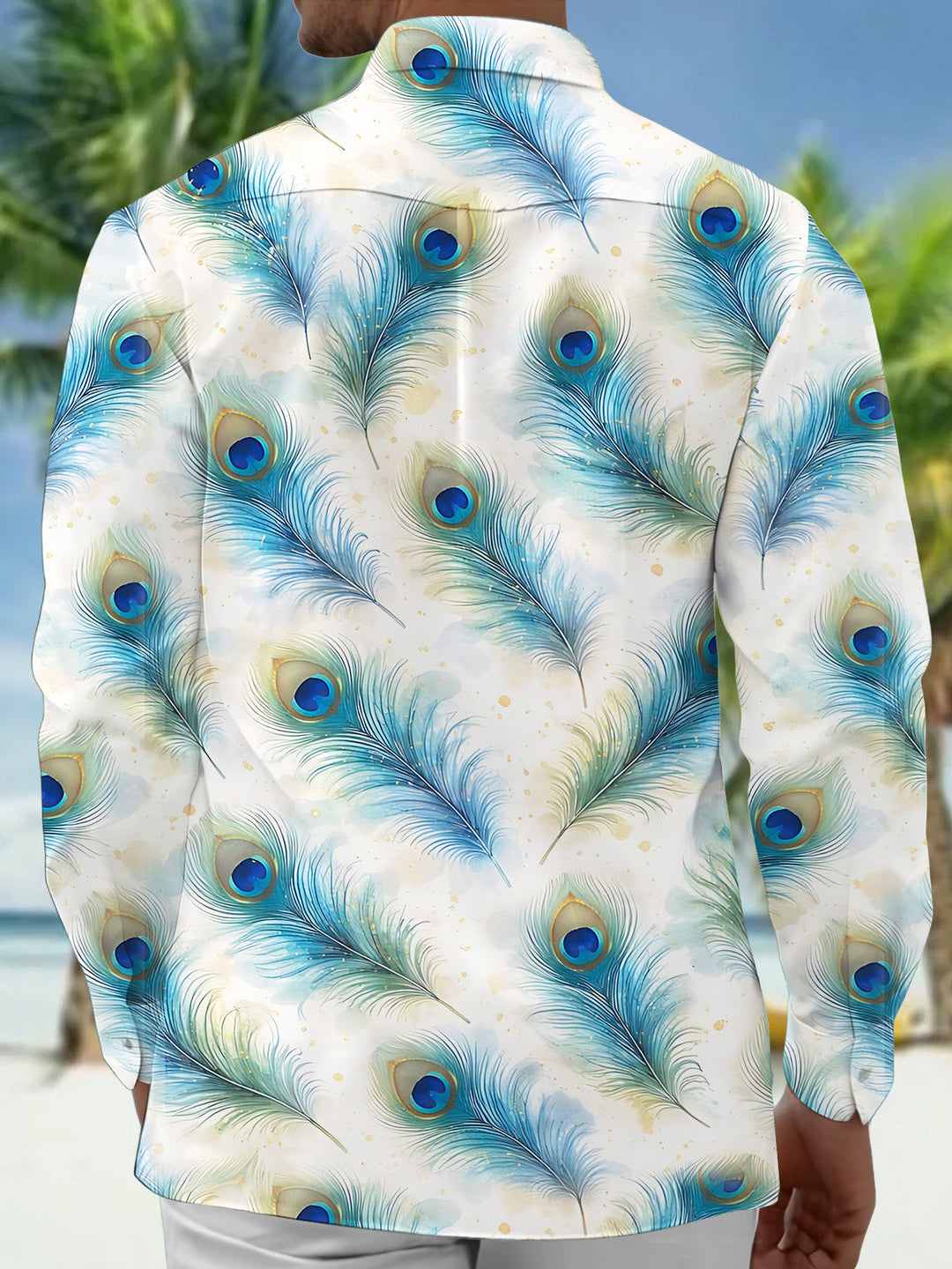 Oceanlyte Men's Hawaiian Peacock Feather Print Long Sleeve Shirt with Chest Pocket