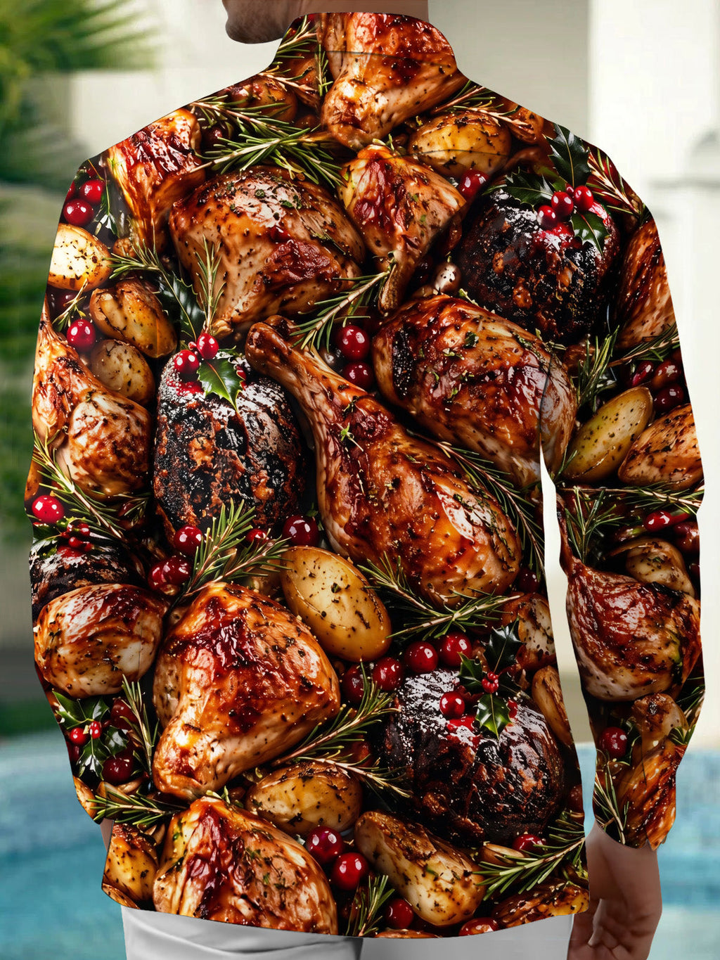 Oceanlyte Men's Long Sleeve Shirt - Christmas Roast Turkey And Cranberries With Rosemary Print with Chest Pocket