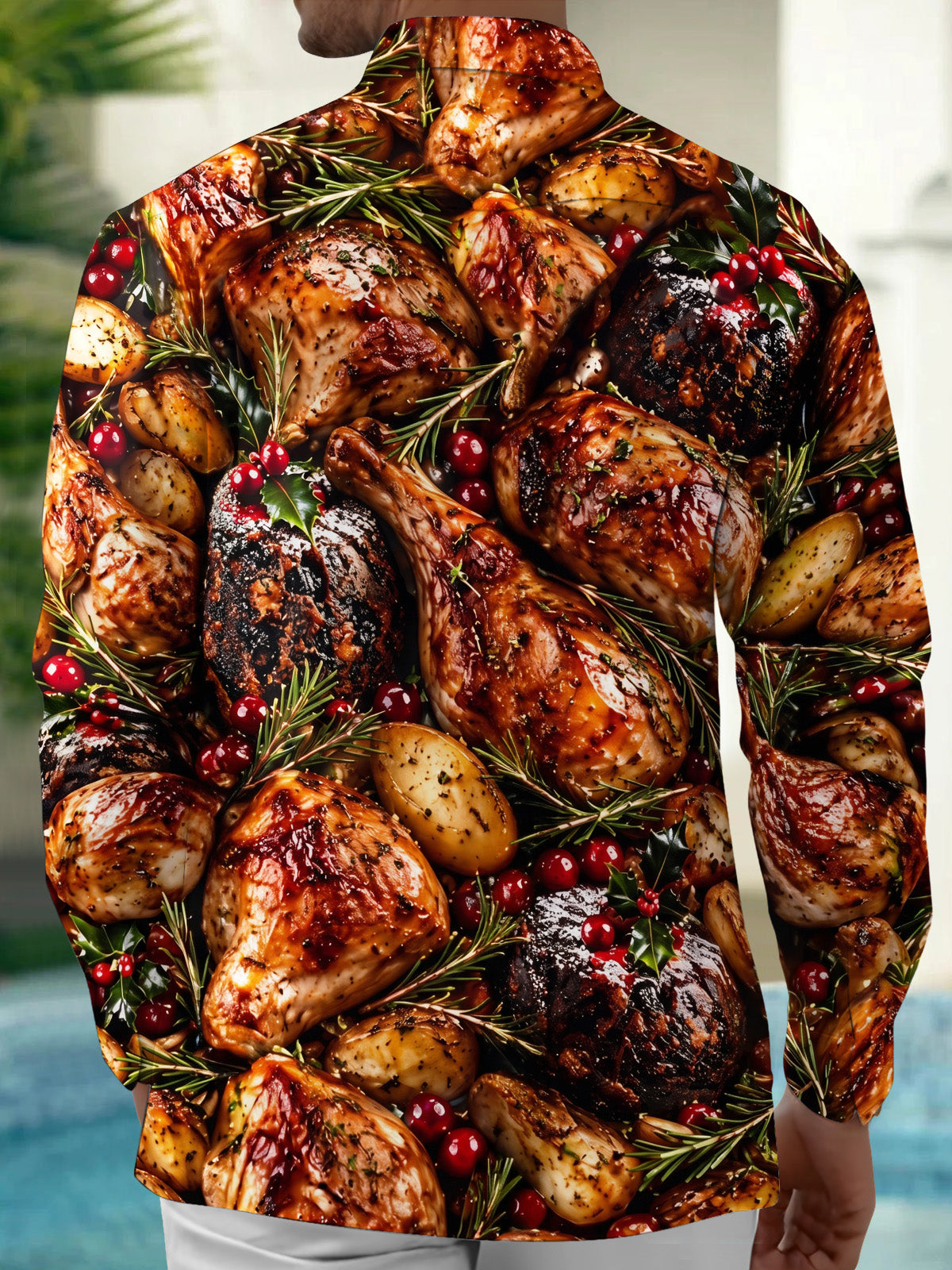 Oceanlyte Men's Long Sleeve Shirt - Christmas Roast Turkey And Cranberries With Rosemary Print with Chest Pocket