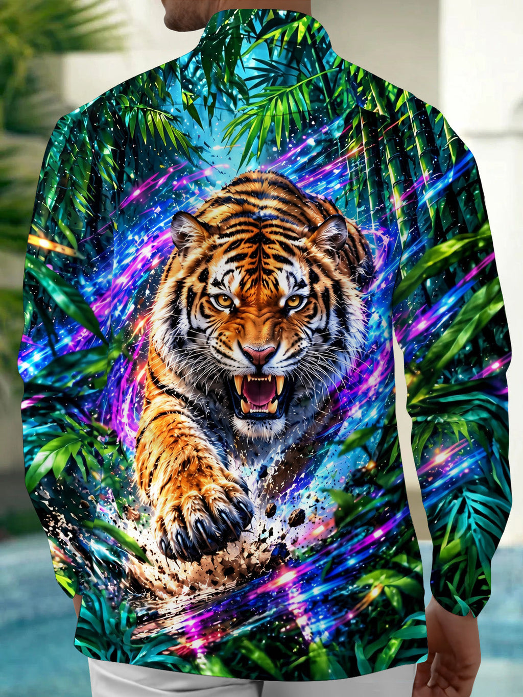 Oceanlyte Men's Hawaiian Tiger Head And Paw Print Long Sleeve Shirt with Chest Pocket