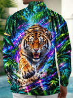 Oceanlyte Men's Hawaiian Tiger Head And Paw Print Long Sleeve Shirt with Chest Pocket