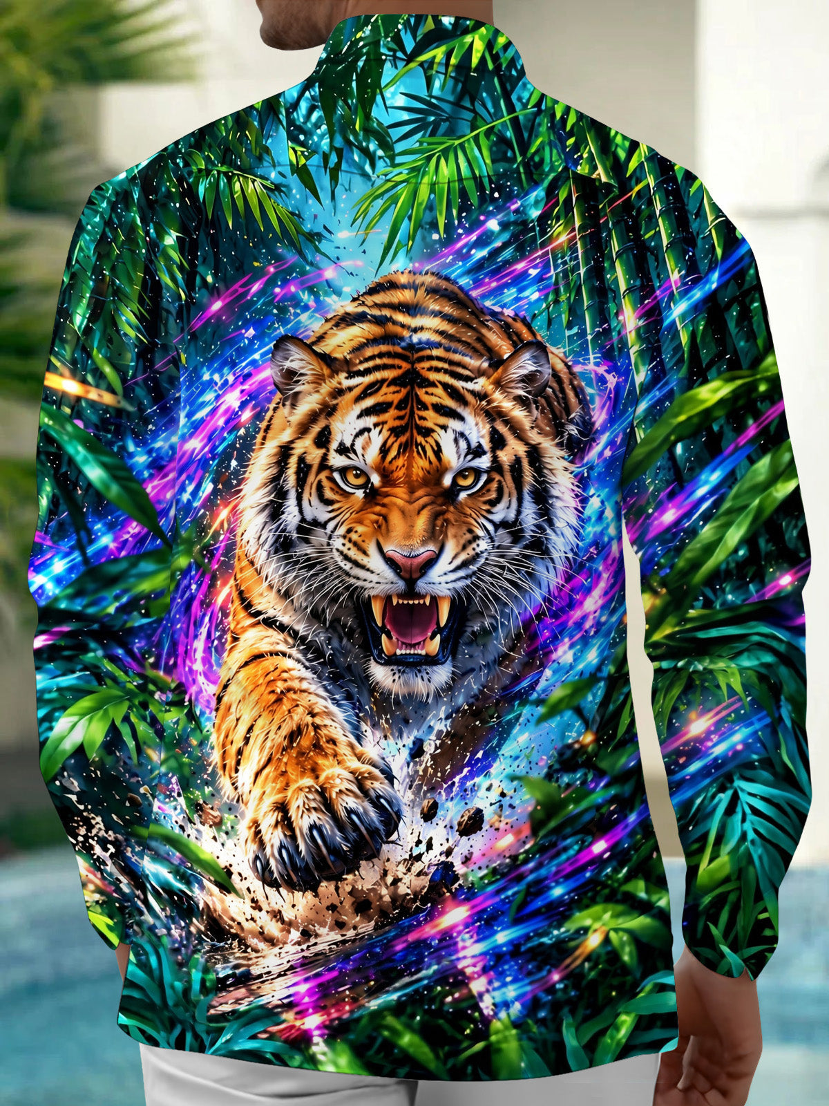 Oceanlyte Men's Hawaiian Tiger Head And Paw Print Long Sleeve Shirt with Chest Pocket