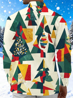 Oceanlyte Men's Geometric Christmas Trees And Ornaments Print Long Sleeve Shirt with Chest Pocket