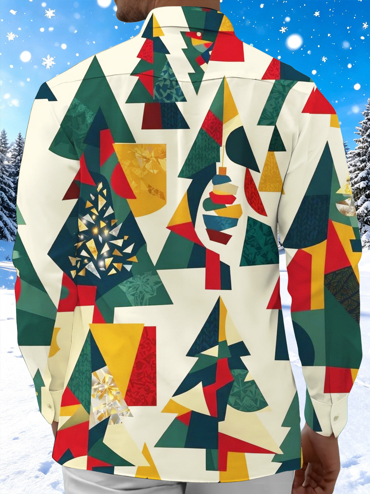 Oceanlyte Men's Geometric Christmas Trees And Ornaments Print Long Sleeve Shirt with Chest Pocket