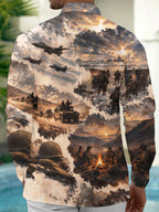 The "Operation Desert Storm" Oceanlyte Men's Long Sleeve Shirt - Military Soldiers And Beach Landing Scene Print with Chest Pocket