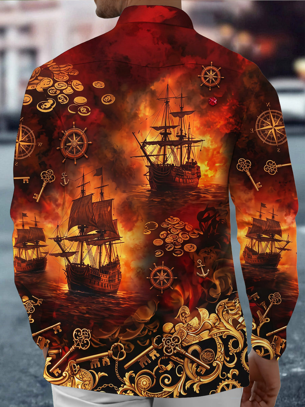 Oceanlyte Men's Printed Pirate Ships And Treasure Print Long Sleeve Shirt with Chest Pocket