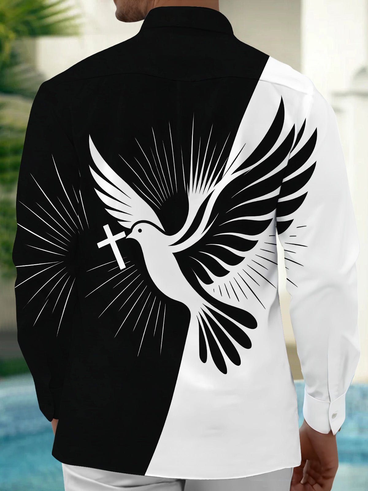 Oceanlyte Men's Graphic Peace Dove And Cross Print Long Sleeve Shirt with Chest Pocket
