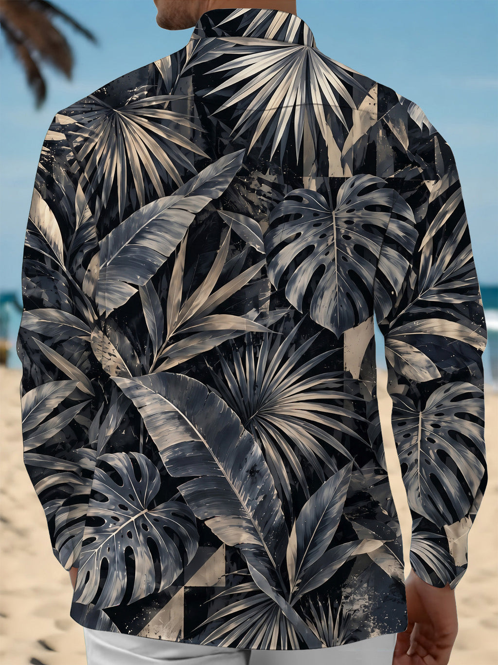 Oceanlyte Men's Hawaiian Tropical Leaves And Monstera Print Long Sleeve Shirt with Chest Pocket