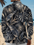 Oceanlyte Men's Hawaiian Tropical Leaves And Monstera Print Long Sleeve Shirt with Chest Pocket