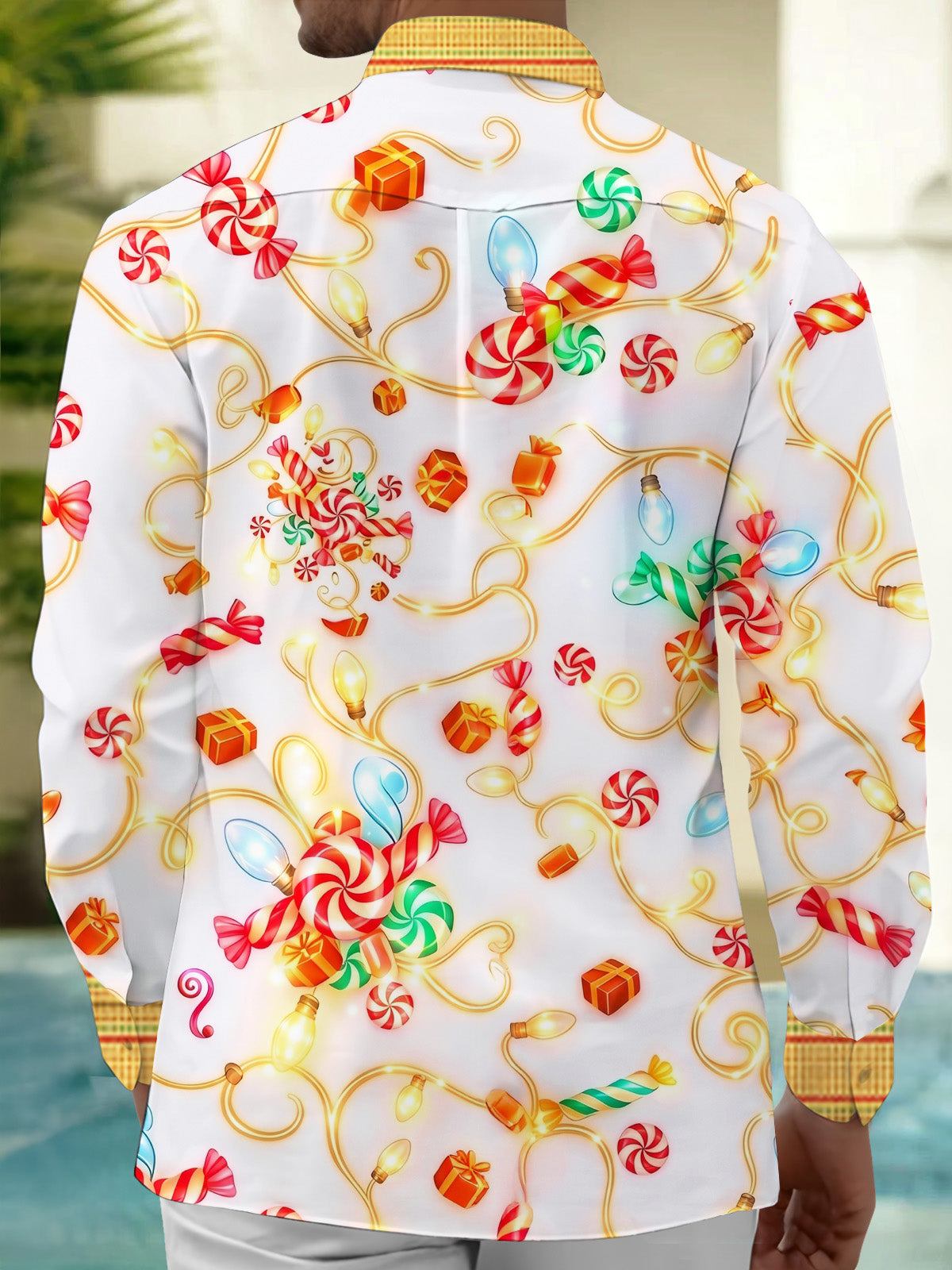 Oceanlyte Men's Hawaiian Christmas Lights And Candy Print Long Sleeve Shirt with Chest Pocket