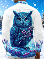 Oceanlyte Men's Graphic Blue Owl With Snowy Berries Print Long Sleeve Shirt with Chest Pocket