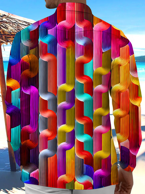 Oceanlyte Men's 3D Colorful Wavy Weave Texture Print Long Sleeve Shirt with Chest Pocket