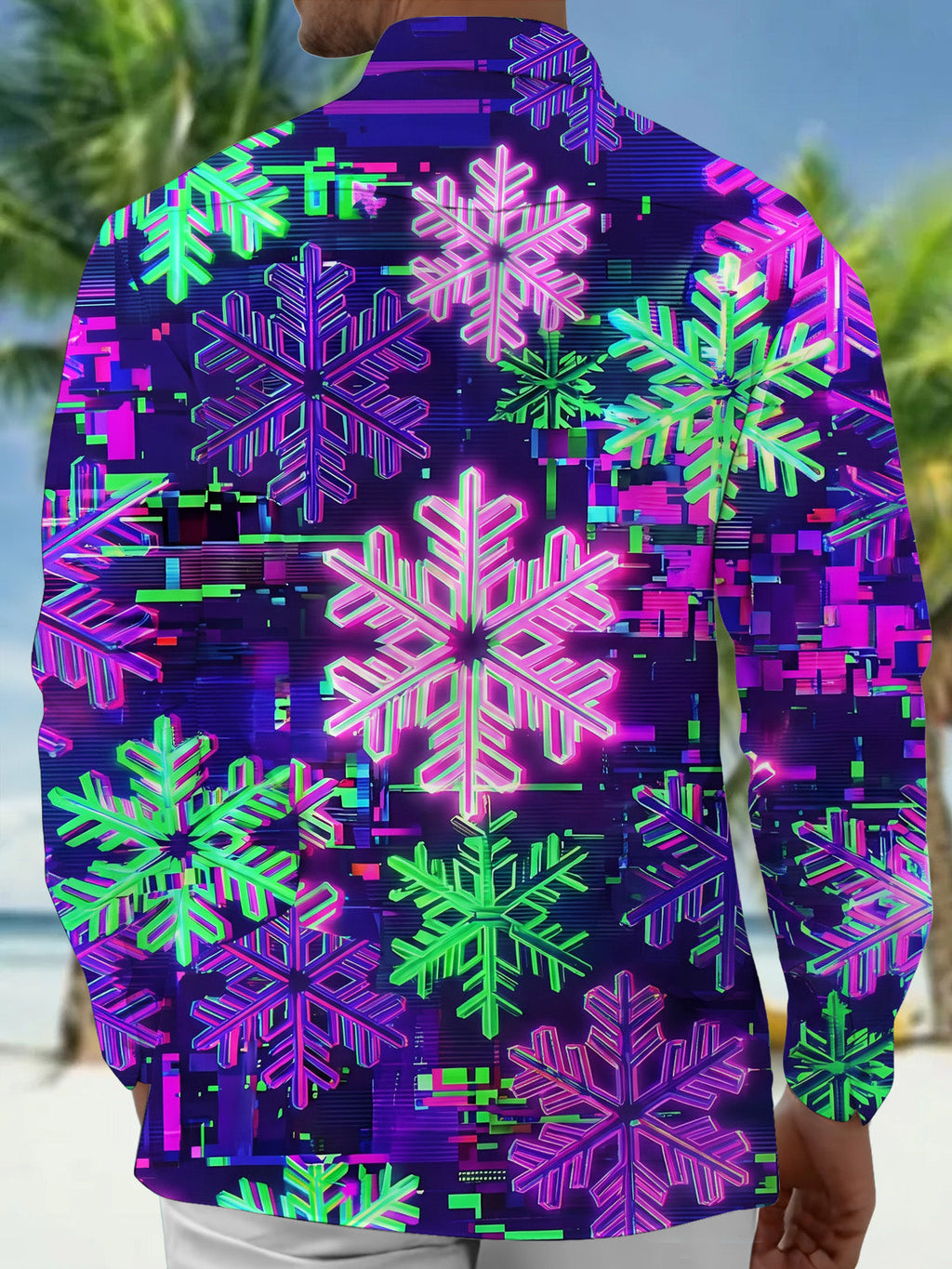 Oceanlyte Men's Long Sleeve Shirt - Neon Snowflakes With Glitch Art Background Print with Chest Pocket