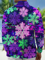 Oceanlyte Men's Long Sleeve Shirt - Neon Snowflakes With Glitch Art Background Print with Chest Pocket