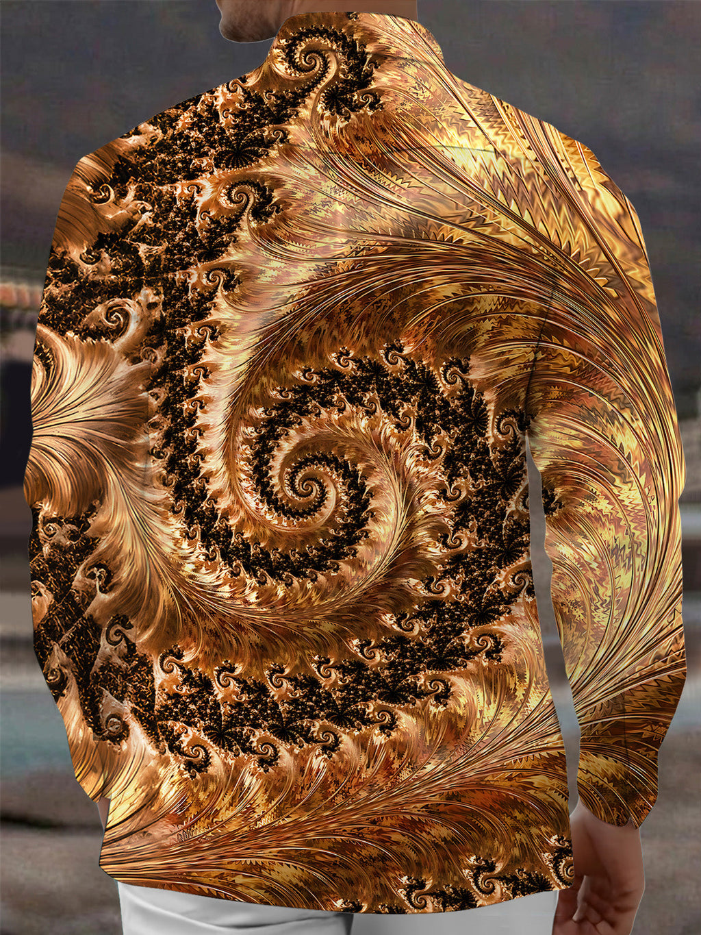 Oceanlyte Men's Patterned Fractal Spiral Design Print Long Sleeve Shirt with Chest Pocket