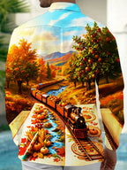 Oceanlyte Men's Long Sleeve Shirt - Autumn Landscape With Steam Train And Pumpkins Print with Chest Pocket