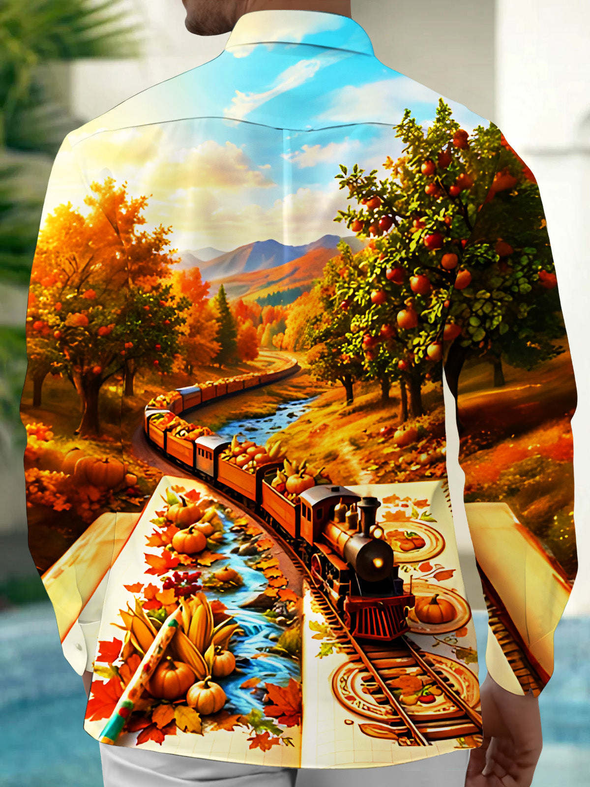 Oceanlyte Men's Long Sleeve Shirt - Autumn Landscape With Steam Train And Pumpkins Print with Chest Pocket