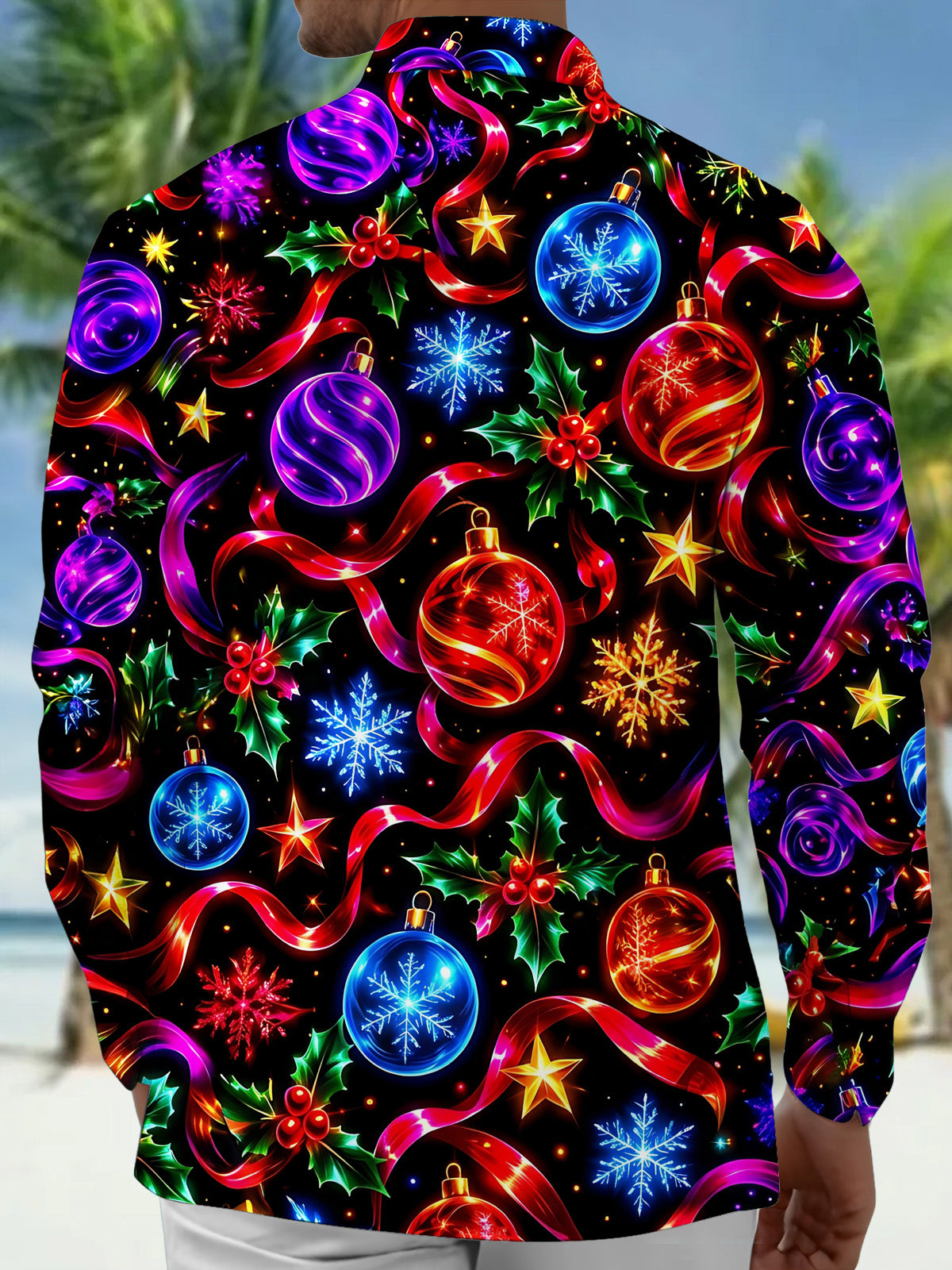 Oceanlyte Men's Graphic Christmas Ornaments And Holly Print Long Sleeve Shirt with Chest Pocket
