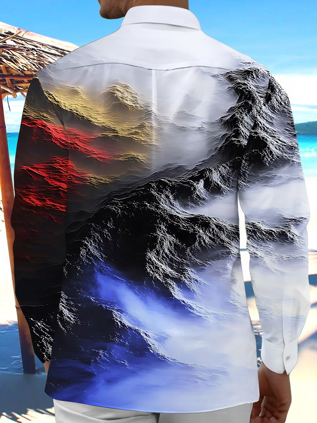 Oceanlyte Men's Printed Colorful Waves Fluid Art Print Long Sleeve Shirt with Chest Pocket