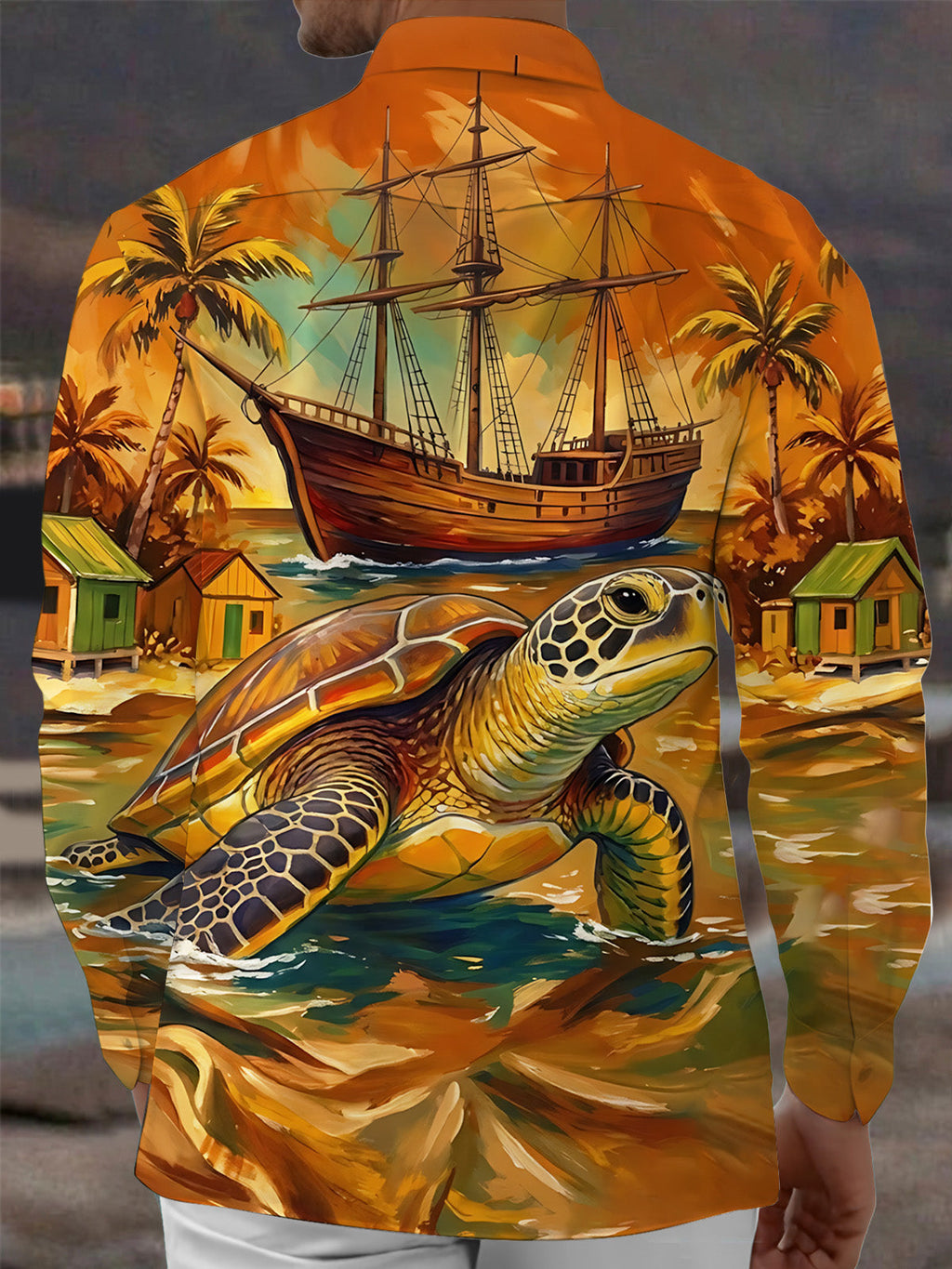 Oceanlyte Men's Hawaiian Sea Turtle And Sailing Ship Print Long Sleeve Shirt with Chest Pocket