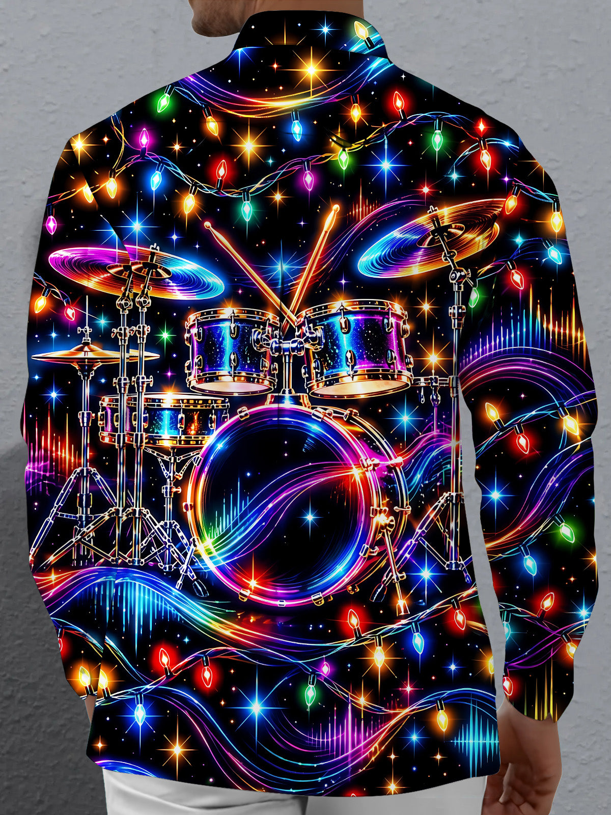 Oceanlyte Men's Neon Drum Kit And Christmas Lights Print Long Sleeve Shirt with Chest Pocket