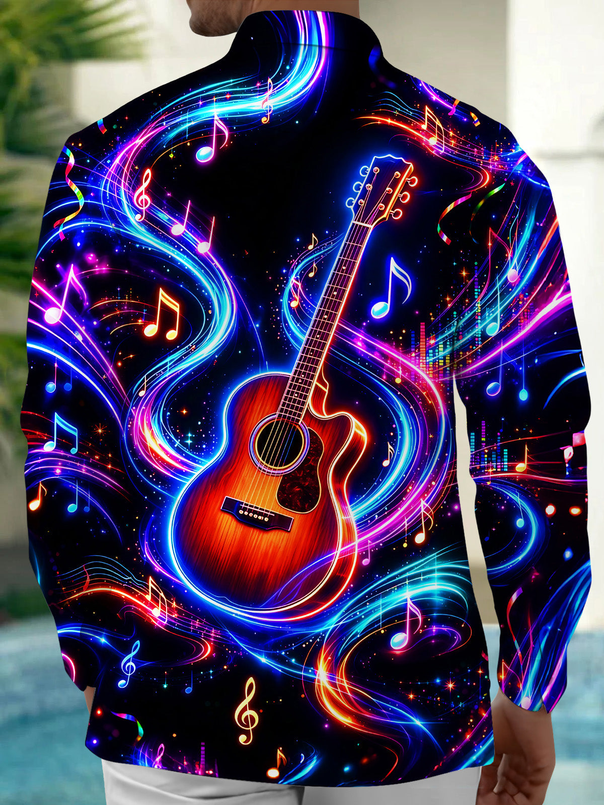 Oceanlyte Men's Graphic Neon Guitar And Music Notes Print Long Sleeve Shirt with Chest Pocket