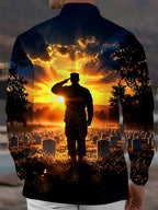 Oceanlyte Men's Long Sleeve Shirt - The "Final Salute" Veterans Day Soldier Saluting In Cemetery At Sunset Print with Chest Pocket