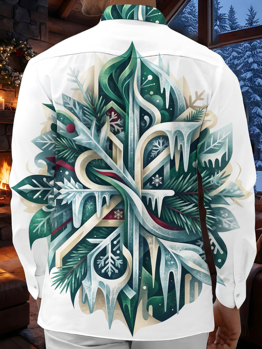 Oceanlyte Men's Printed Winter Icicle Pine And Snowflake Print Long Sleeve Shirt with Chest Pocket