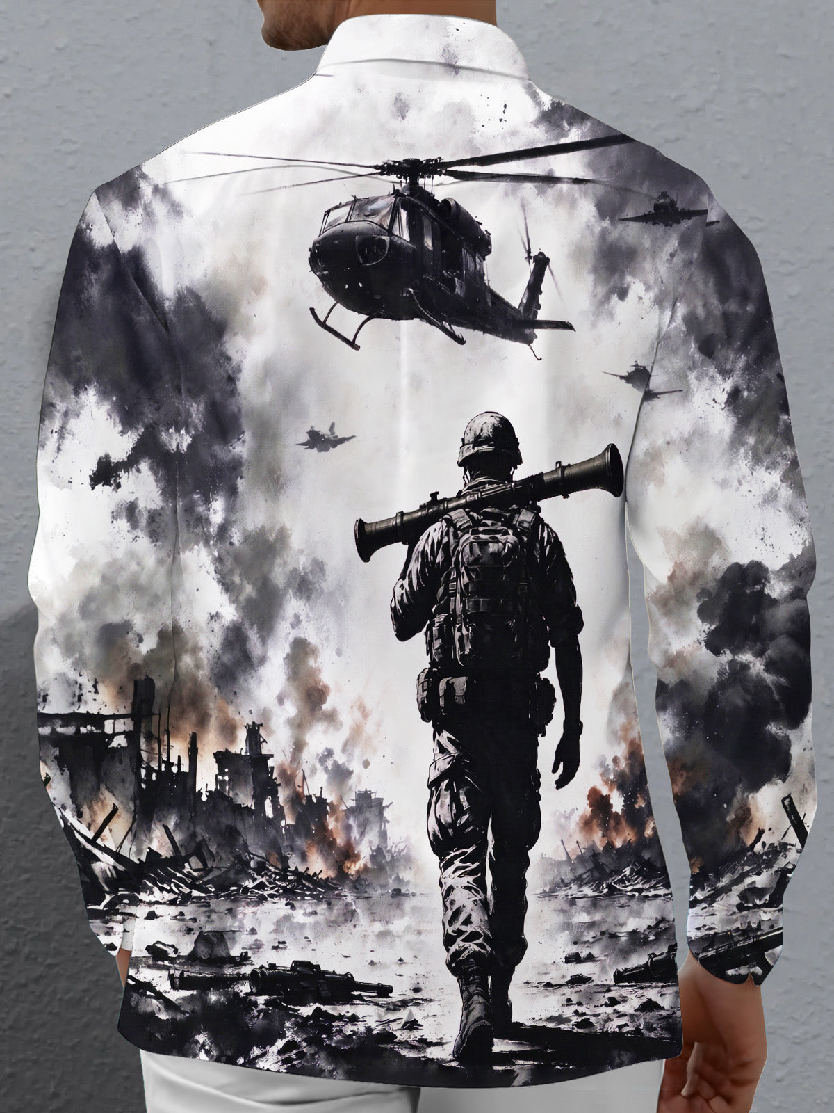 The "Urban Jungle" Oceanlyte Men's Long Sleeve Shirt - Soldier With Rocket Launcher And Helicopters In Warzone Print with Chest Pocket