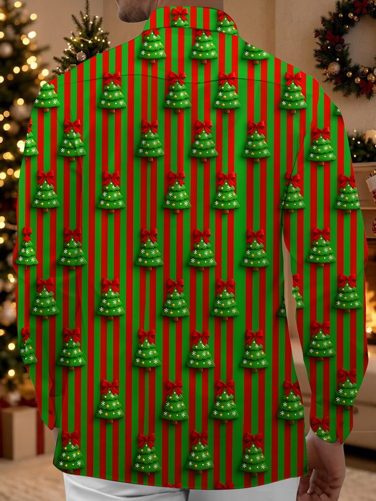 Oceanlyte Men's Long Sleeve Shirt - Christmas Trees With Red Bows And Snowflakes Print with Chest Pocket