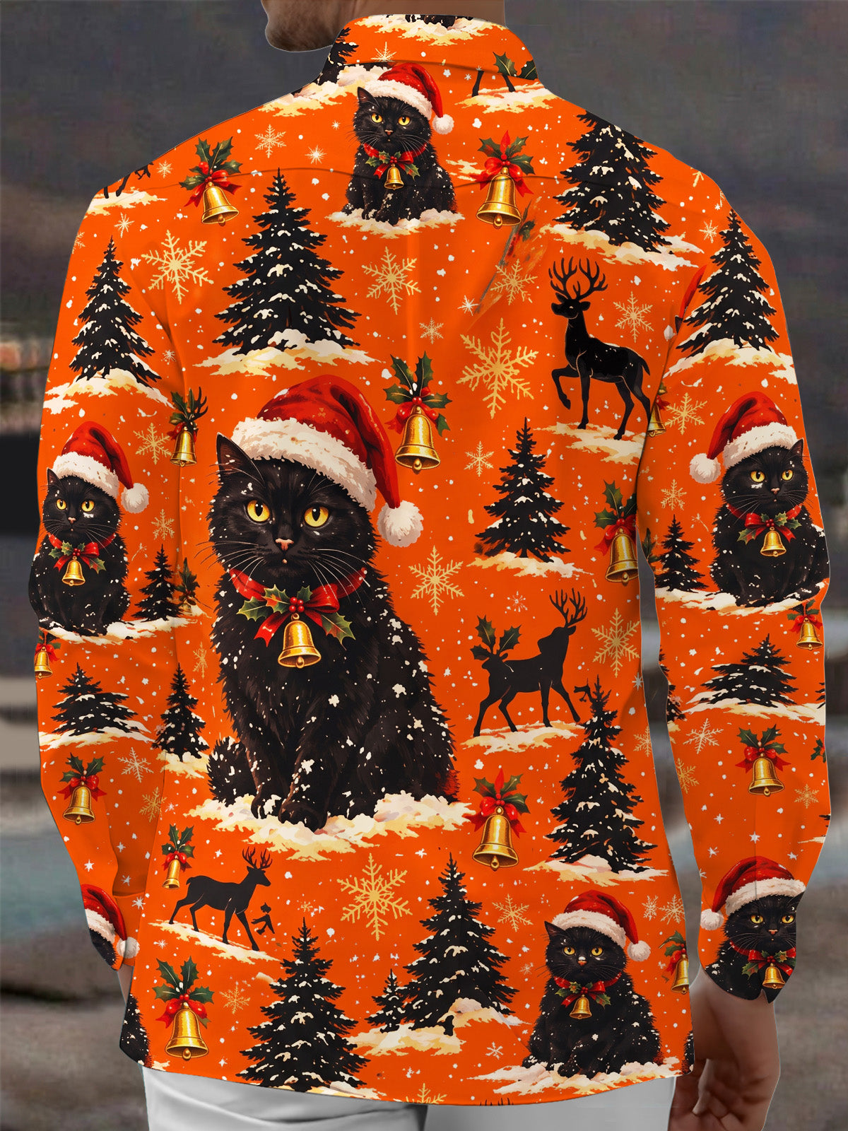 Oceanlyte Men's Long Sleeve Shirt - Black Cats With Santa Hats And Christmas Trees Print with Chest Pocket