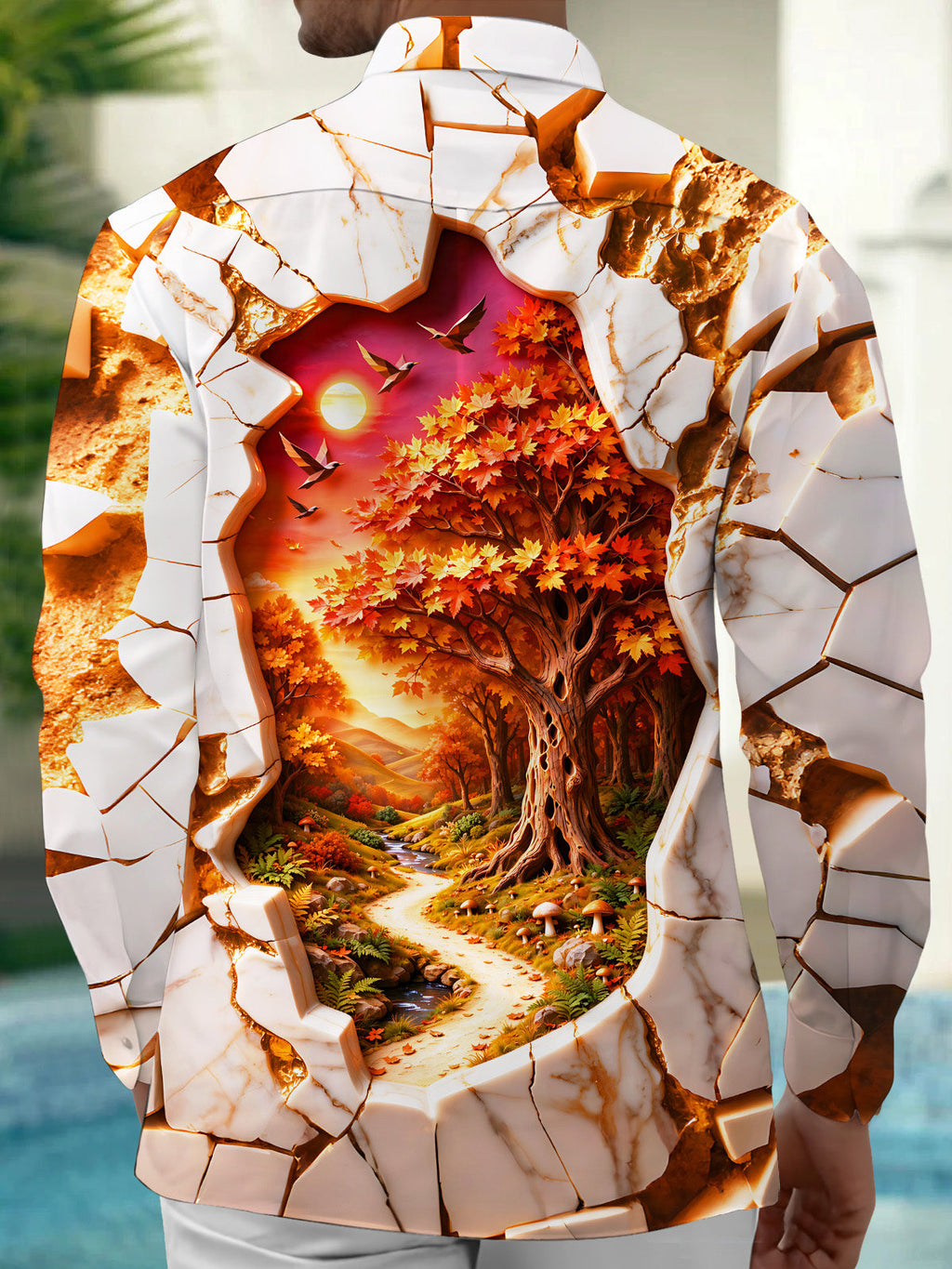 Oceanlyte Men's Long Sleeve Shirt - Autumn Forest Landscape With Cracked Marble Border Print with Chest Pocket