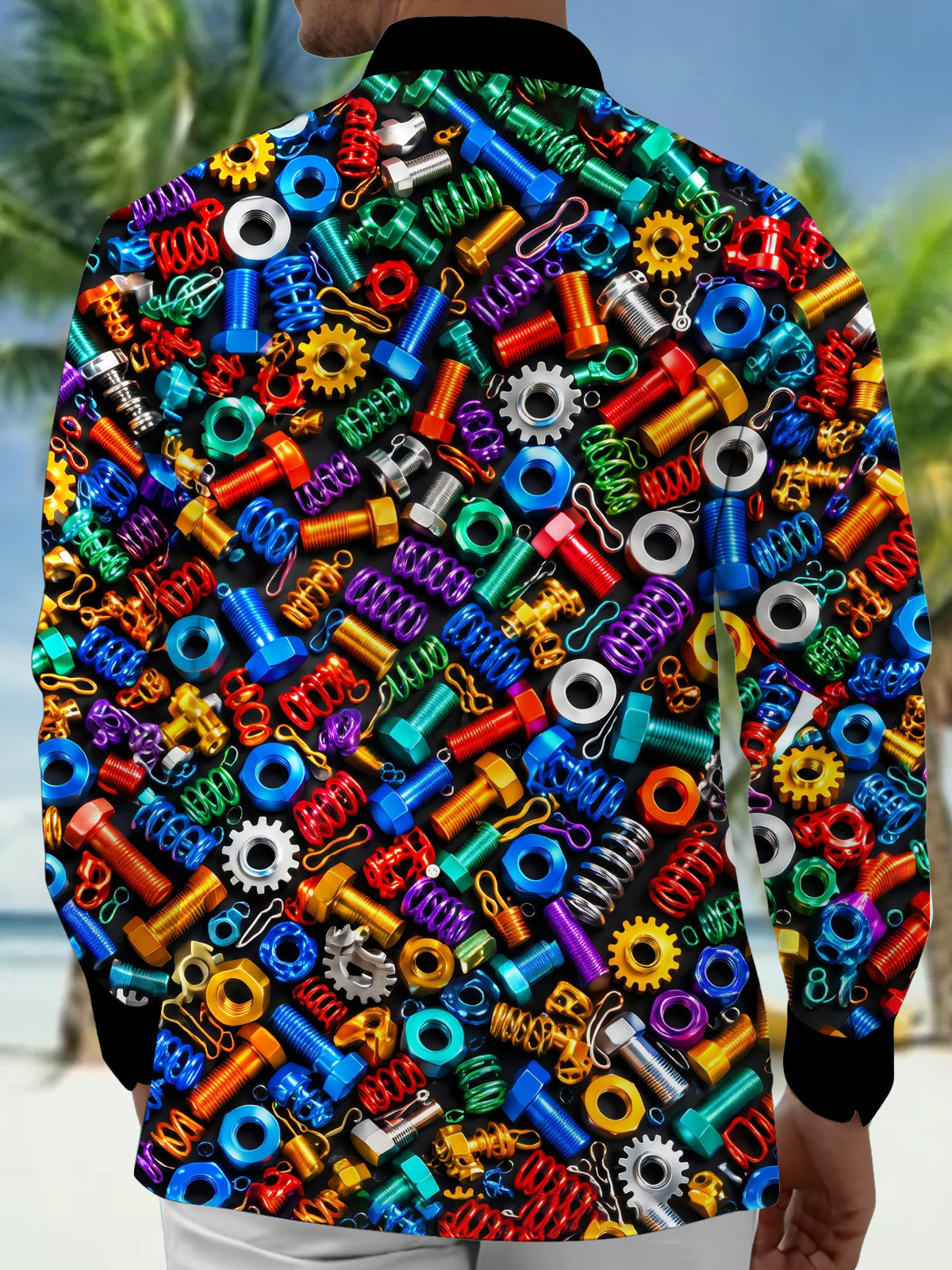 Oceanlyte Men's Colorful Hardware Screws And Nuts Print Long Sleeve Shirt with Chest Pocket