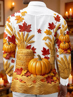 Oceanlyte Men's Long Sleeve Shirt - Thanksgiving Autumn Harvest Pumpkins And Wheat Sheaves Print with Chest Pocket