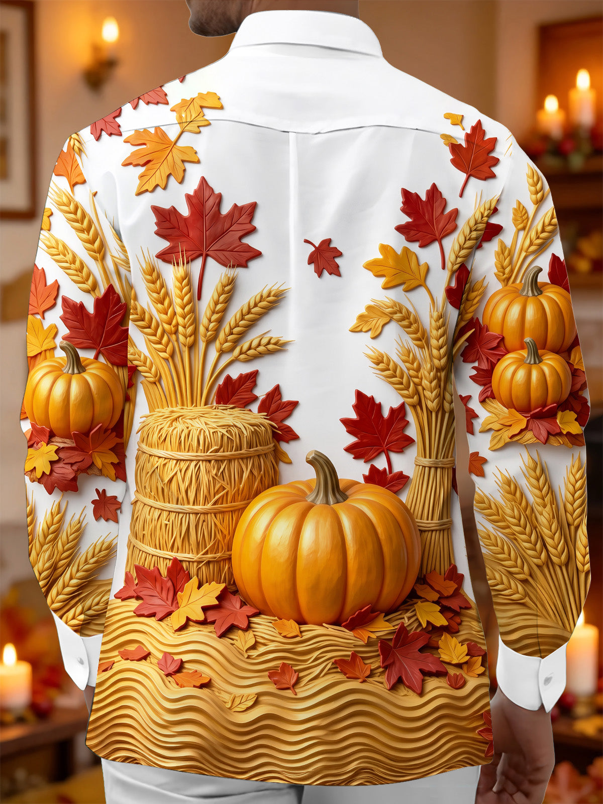 Oceanlyte Men's Long Sleeve Shirt - Thanksgiving Autumn Harvest Pumpkins And Wheat Sheaves Print with Chest Pocket