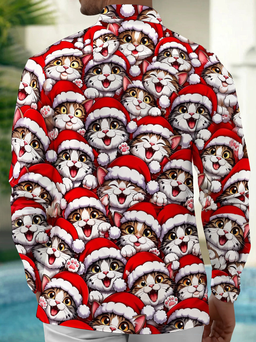 Oceanlyte Men's Graphic Cats Wearing Santa Hats Print Long Sleeve Shirt with Chest Pocket