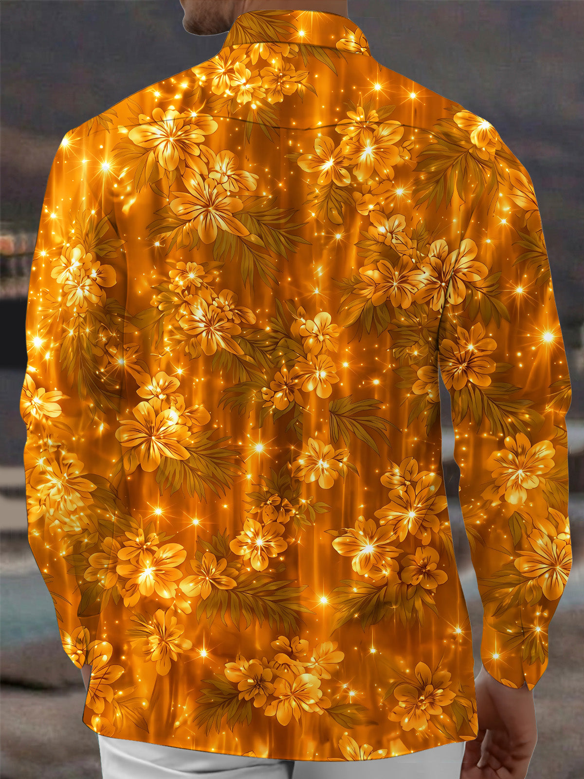 Oceanlyte Men's Golden Floral Leaves And Sparkles Print Long Sleeve Shirt with Chest Pocket