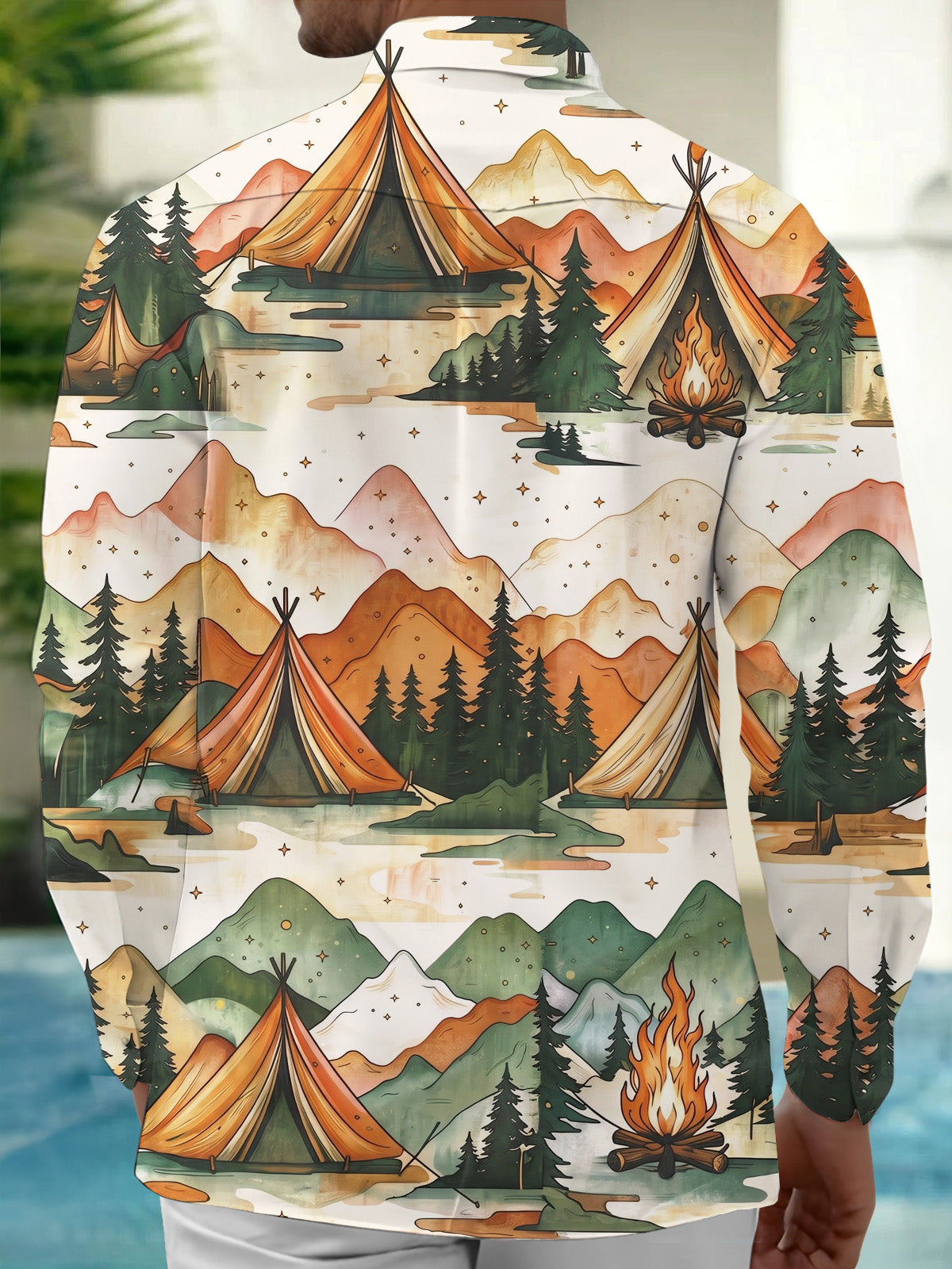 Oceanlyte Men's Printed Mountain Camping Scene Print Long Sleeve Shirt with Chest Pocket