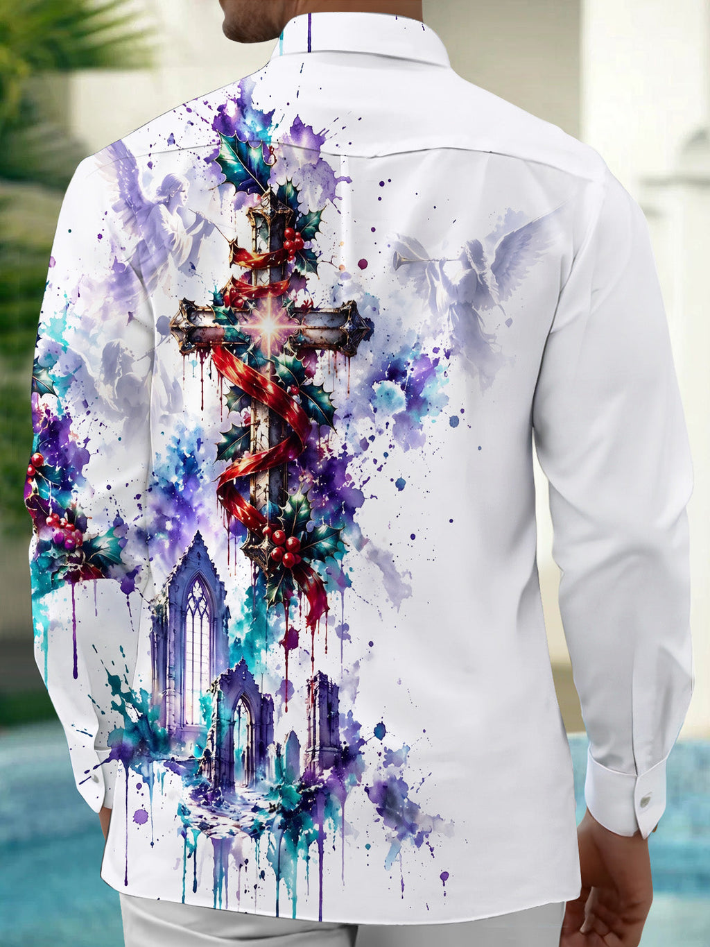Oceanlyte Men's Graphic Christmas Cross And Angels Print Long Sleeve Shirt