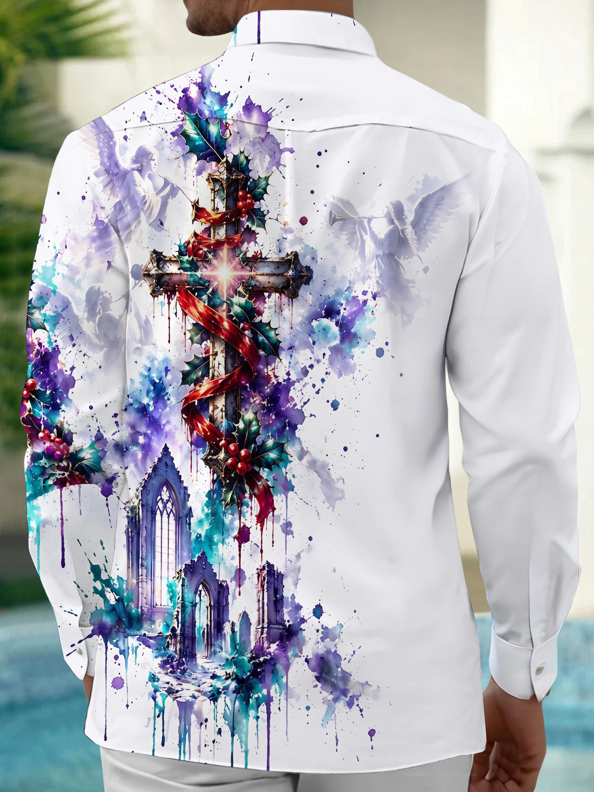 Oceanlyte Men's Graphic Christmas Cross And Angels Print Long Sleeve Shirt