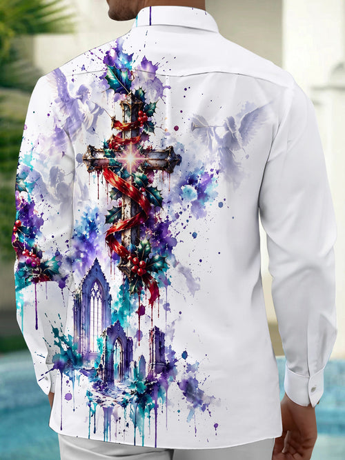 Oceanlyte Men's Graphic Christmas Cross And Angels Print Long Sleeve Shirt
