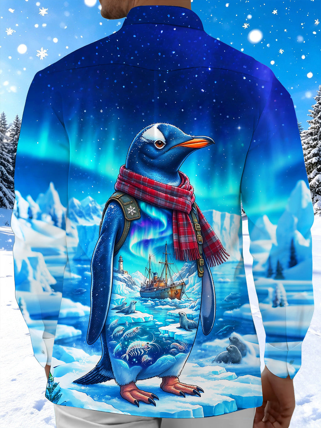 Oceanlyte Men's Penguin With Plaid Scarf And Backpack Print Long Sleeve Shirt with Chest Pocket