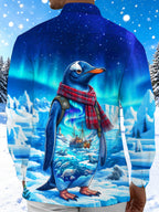 Oceanlyte Men's Penguin With Plaid Scarf And Backpack Print Long Sleeve Shirt with Chest Pocket