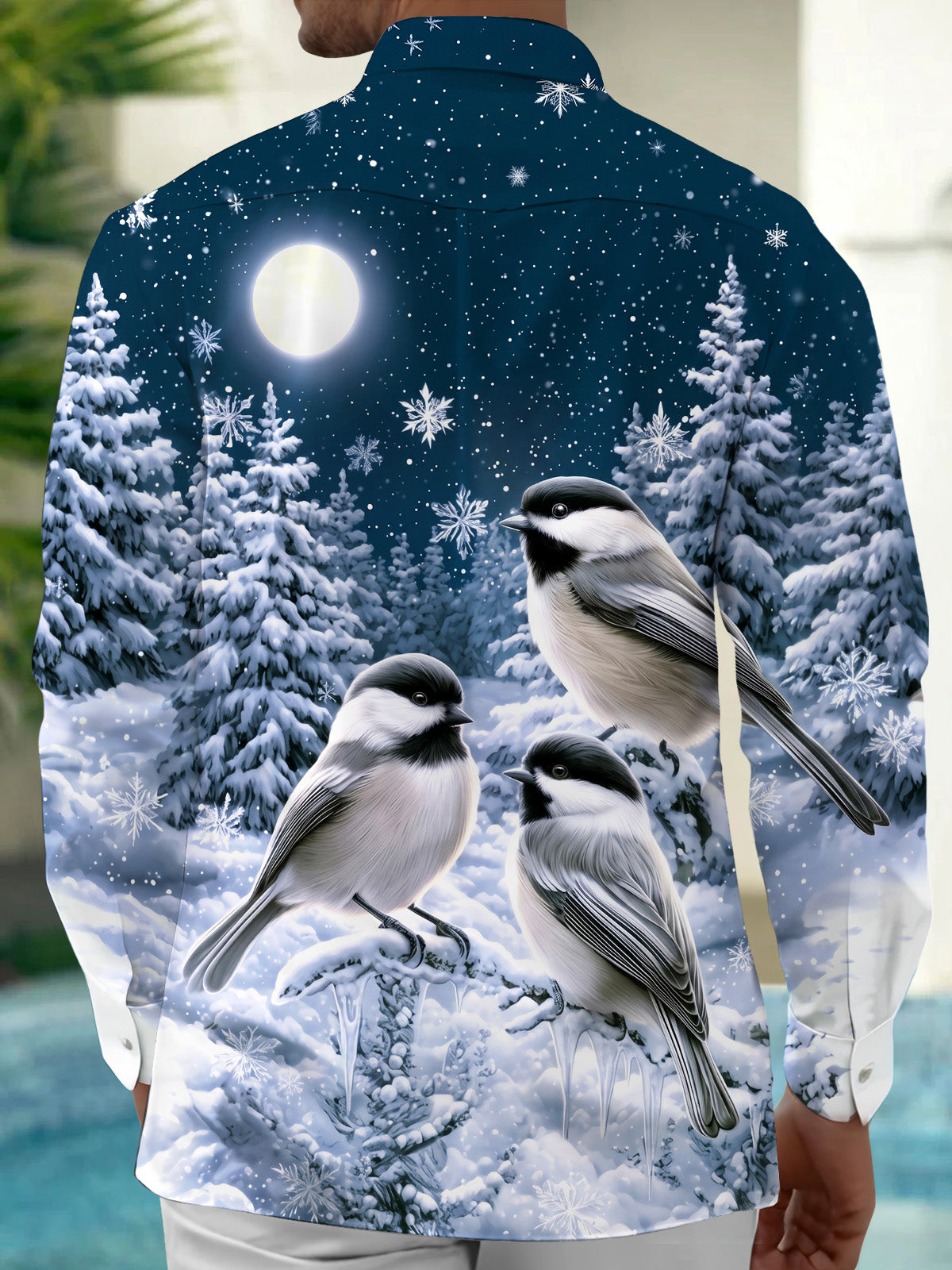 Oceanlyte Men's Winter Birds And Snowy Pine Trees Print Long Sleeve Shirt with Chest Pocket