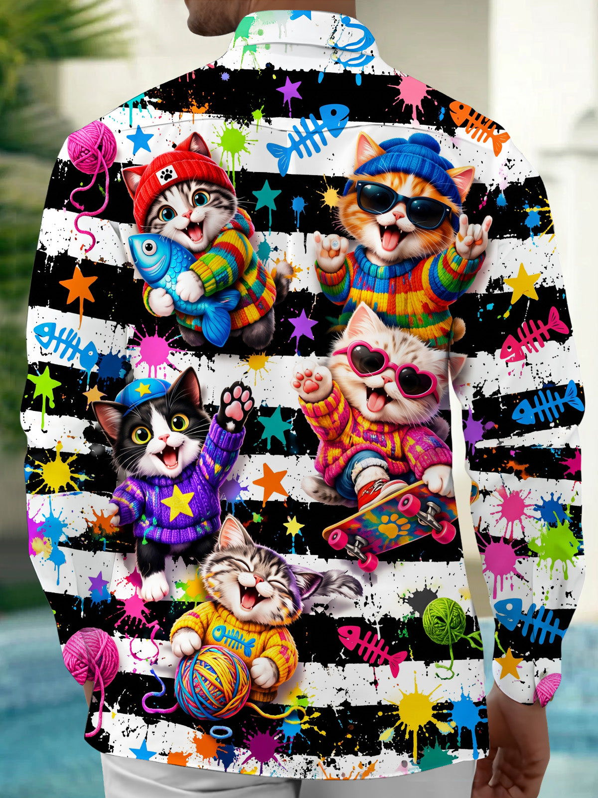 Oceanlyte Men's Long Sleeve Shirt - Cute Cats With Accessories And Fish Bones Print with Chest Pocket