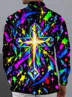 Oceanlyte Men's Neon Crystal Cross And Paint Splatters Print Long Sleeve Shirt with Chest Pocket
