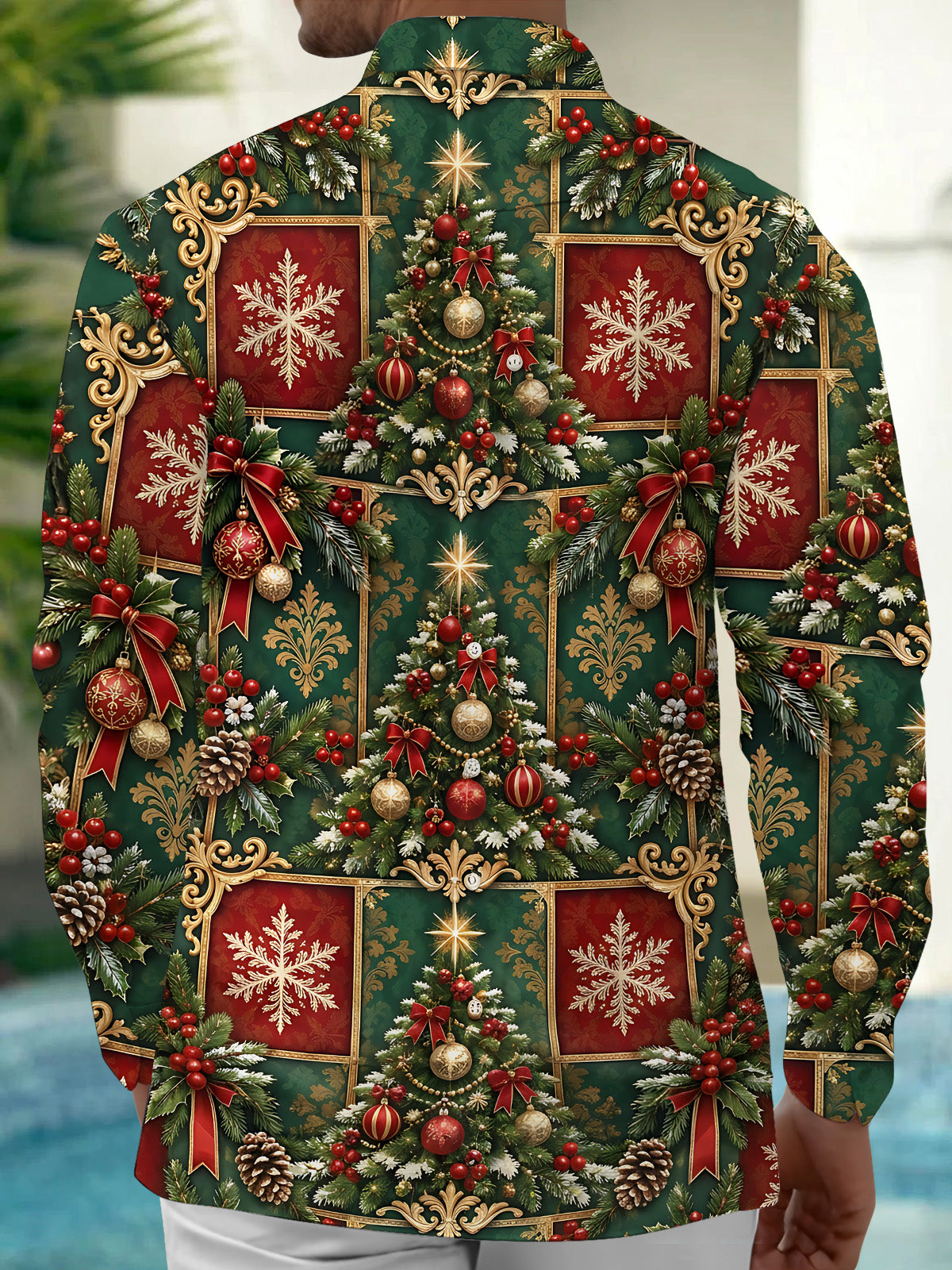 Oceanlyte Men's Printed Christmas Tree And Ornaments Print Long Sleeve Shirt with Chest Pocket