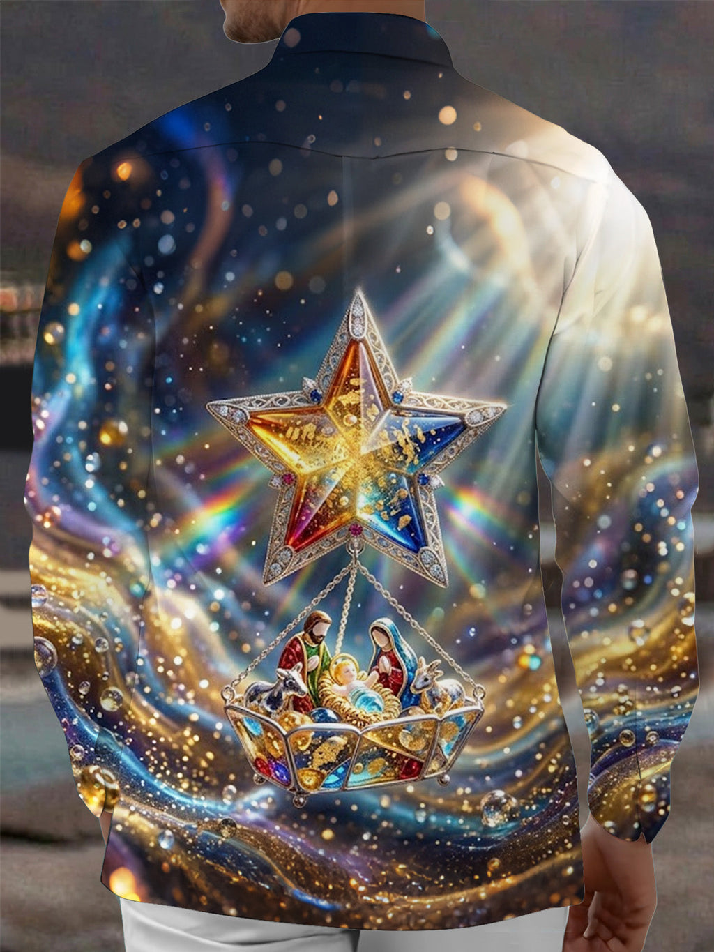 Oceanlyte Men's Nativity Scene With Star Of Bethlehem Print Long Sleeve Shirt with Chest Pocket