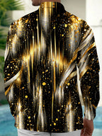 Oceanlyte Men's Long Sleeve Shirt - Abstract Gold And Black Splatter With Radial Lines Print with Chest Pocket