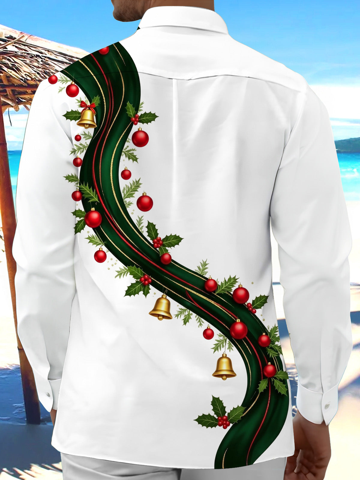 Oceanlyte Men's Long Sleeve Shirt - Christmas Ribbon With Bells And Ornaments Print with Chest Pocket